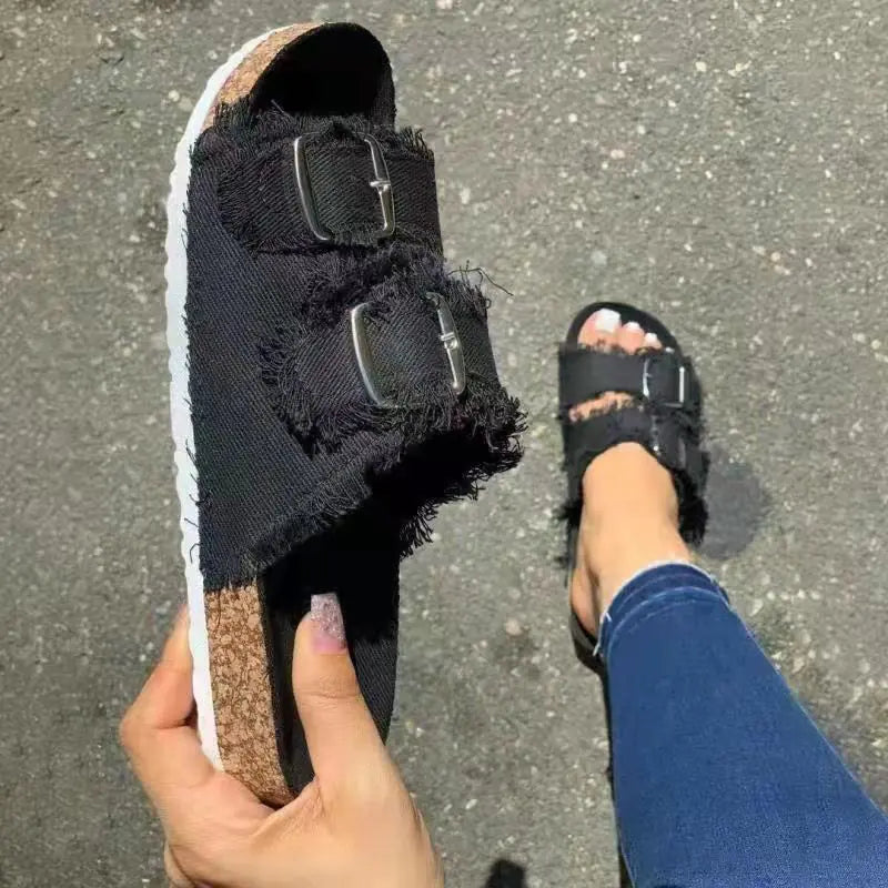 Womens Buckle Denim Slides | Solus LLC Solus LLC
