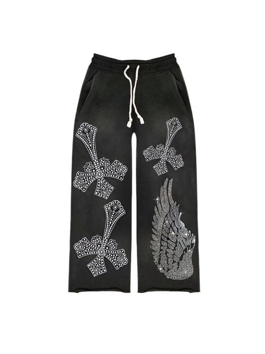Rhinestone Falling Cross Sweatpants | Solus LLC Solus LLC